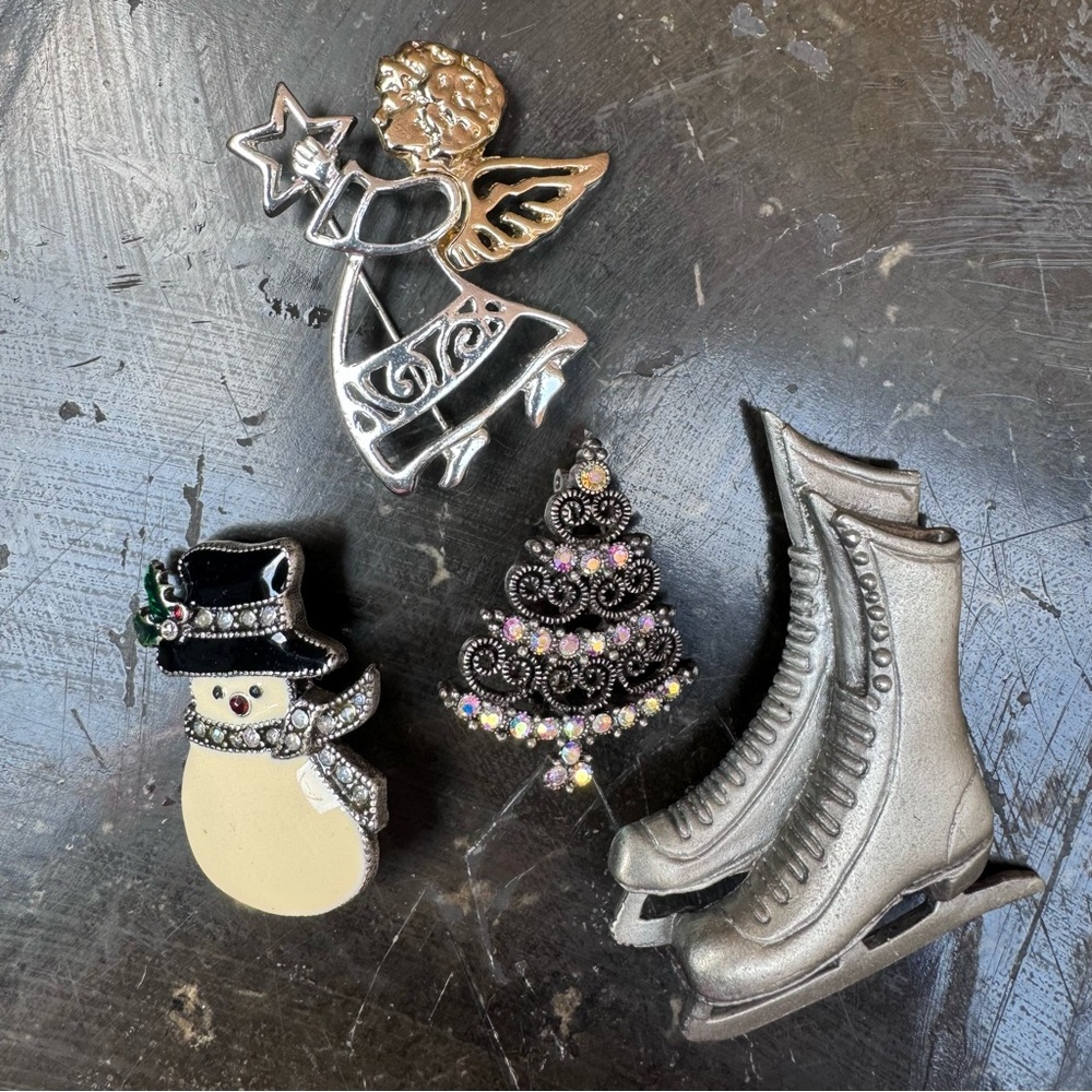 4 Christmas pins - Angel,Snowman,Christmas Tree and a pair of Skates